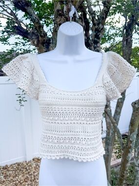 Sincerely Jules Cream Crochet Knit Top XS Boho Cottagecore Flutter Sleeve
